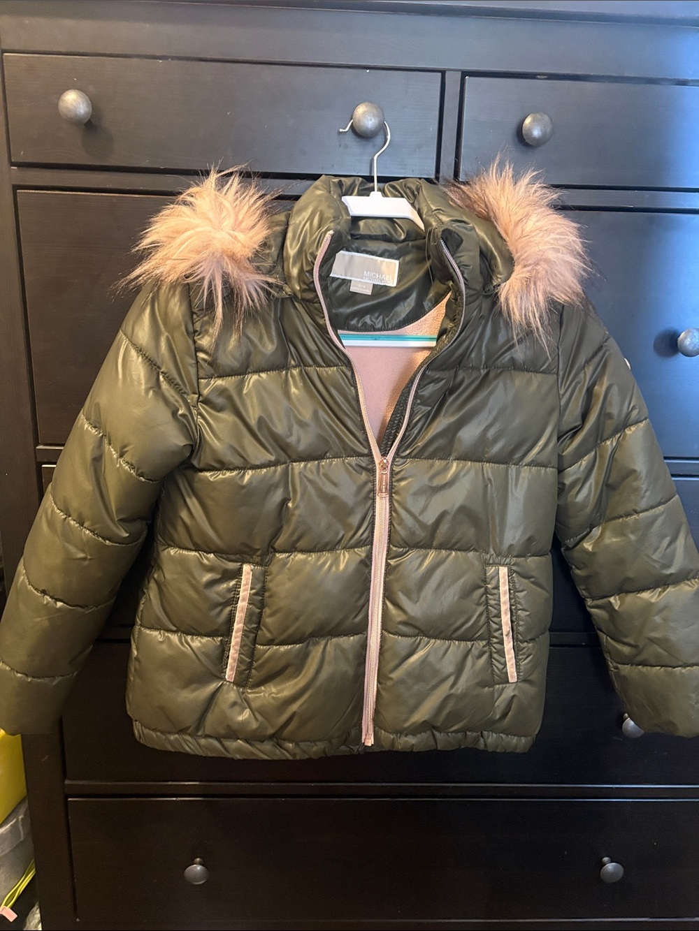 Michael Kors Olive Green Puffer Jacket with Pink Faux Fur Trim - Kids
